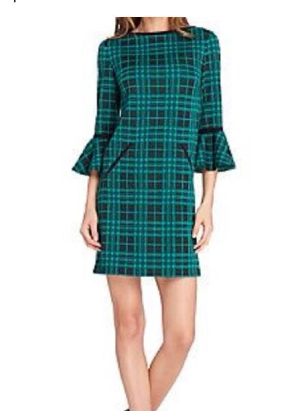 0137 Tahari Black and Green Plaid Bell-Sleeve Shift Dress